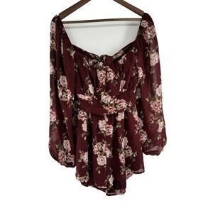 Windsor Floral Fairy Romper Maroon semi sheer long sleeve ruffles romantic